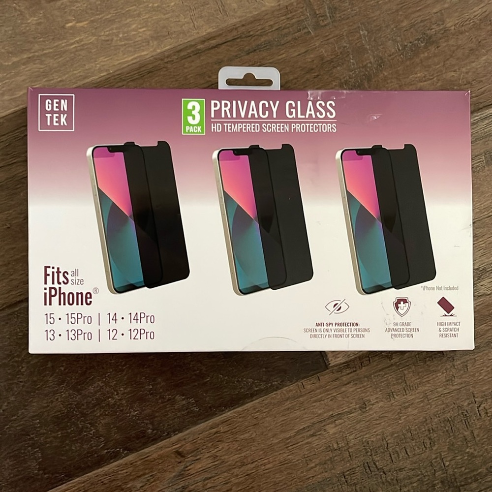 Gen Tek 3 Pk Privacy Glass HD Tempered Screen Protectors Fits iPhone 15 14 13 12